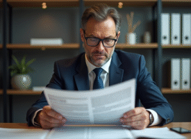 Homme civil en costume examinant une gazette officielle dans un bureau moderne