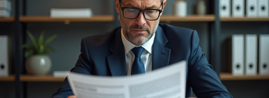 Homme civil en costume examinant une gazette officielle dans un bureau moderne