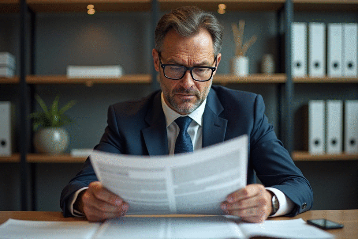 Homme civil en costume examinant une gazette officielle dans un bureau moderne