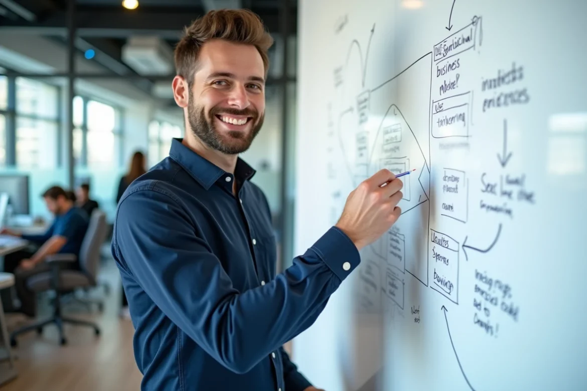 Jeune fondateur de startup présentant un business model canvas sur un tableau blanc dans un bureau moderne et collaboratif