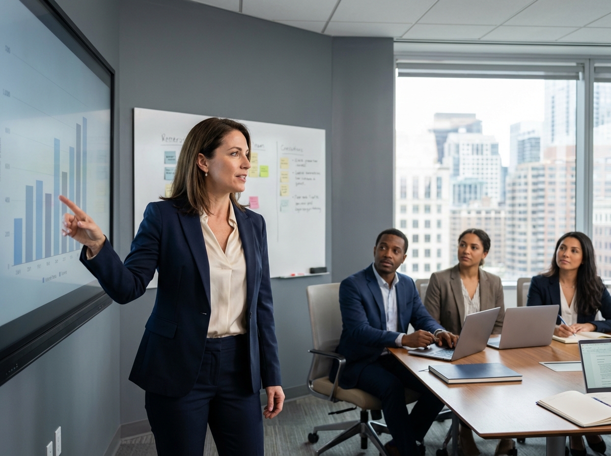Femme formatrice en formation avec équipe attentive