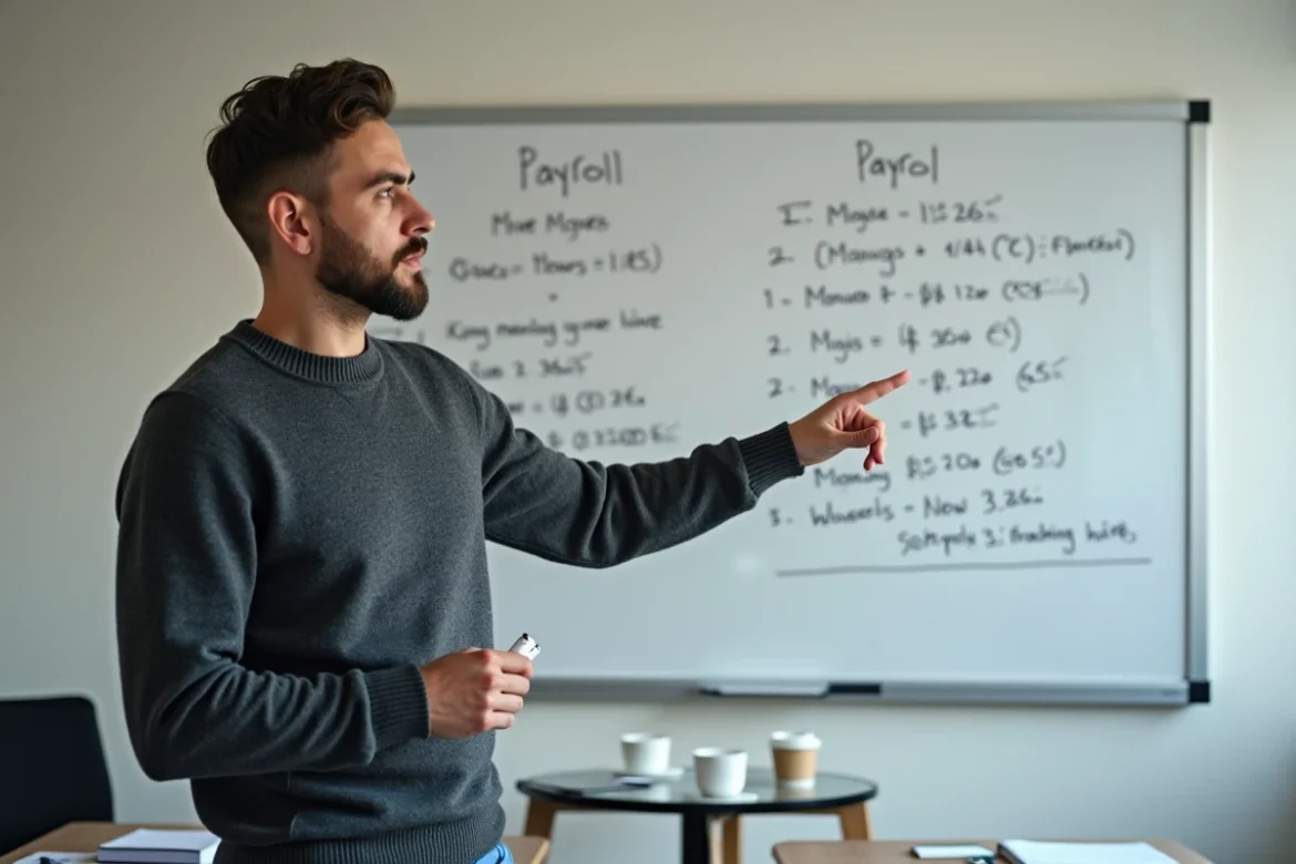 Formateur en gestion de la paie expliquant les heures mensuelles sur un tableau blanc en salle de formation
