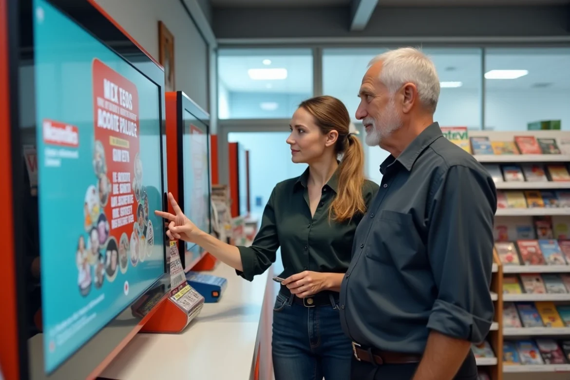 Deux buralistes lors d'une formation Profession Jeux FDJ devant un kiosque de loterie dans un tabac-presse moderne
