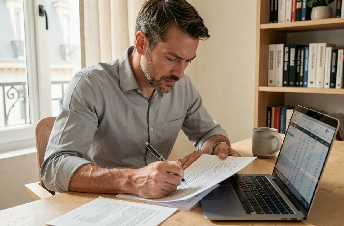 Freelance en portage salarial examinant un contrat de mission depuis son bureau parisien