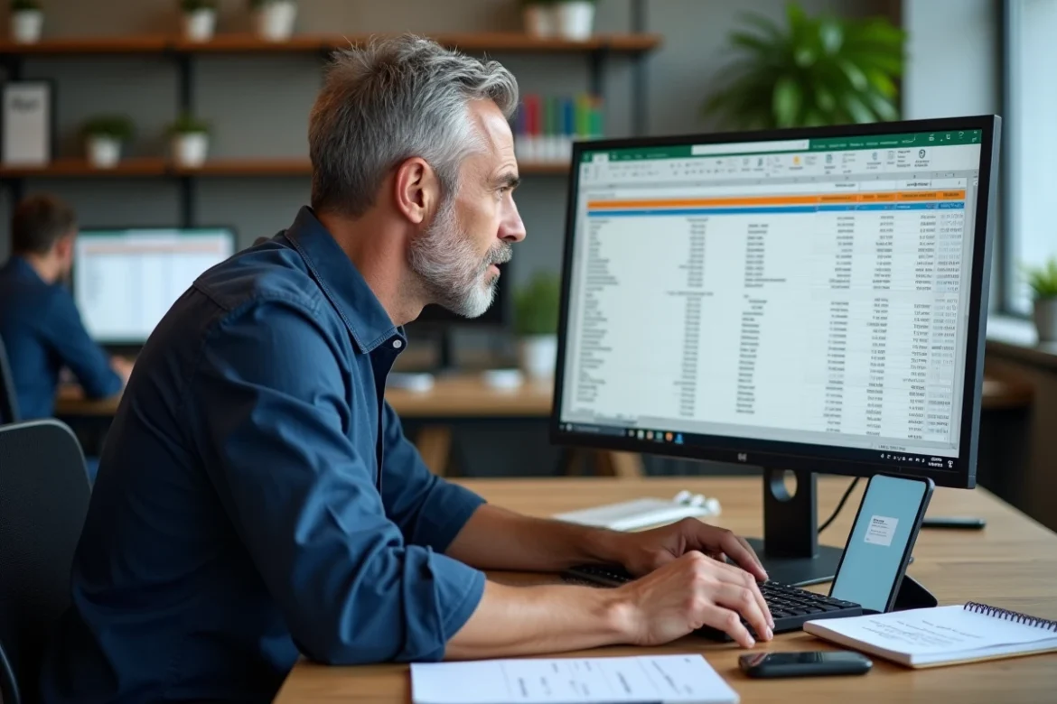 Freelance masculin analysant un tableau Excel de facturation sur grand écran dans un espace de coworking minimaliste