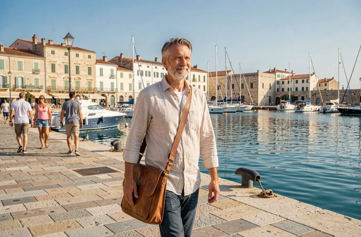 Consultant indépendant en portage salarial se promenant sur le vieux port de Toulon avec son sac professionnel