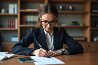 Traducteur assermenté en train de travailler sur des documents multilingues