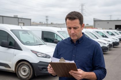 Gestionnaire de flotte automobile professionnelle inspectant des véhicules d'entreprise dans un parking