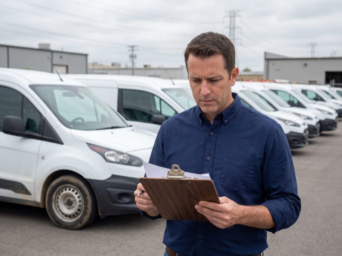 Gestionnaire de flotte automobile professionnelle inspectant des véhicules d'entreprise dans un parking