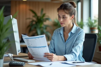 Gestionnaire de paie débutante analysant des feuilles de calcul salariales sur un bureau de bureau moderne