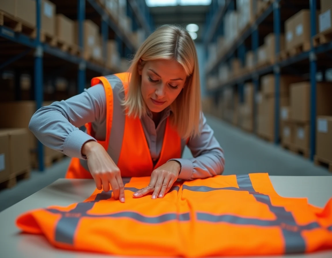 Responsable logistique inspectant un gilet haute visibilité personnalisé avec logo d'entreprise dans un entrepôt