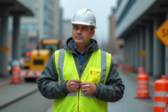 Ouvrier portant un gilet fluo jaune haute visibilité avec bandes rétroréfléchissantes sur un chantier urbain