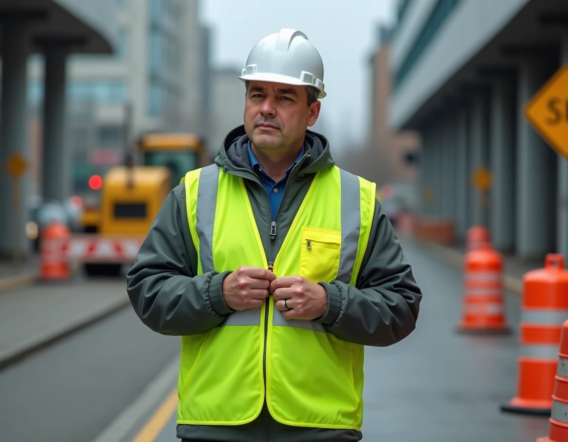 Ouvrier portant un gilet fluo jaune haute visibilité avec bandes rétroréfléchissantes sur un chantier urbain