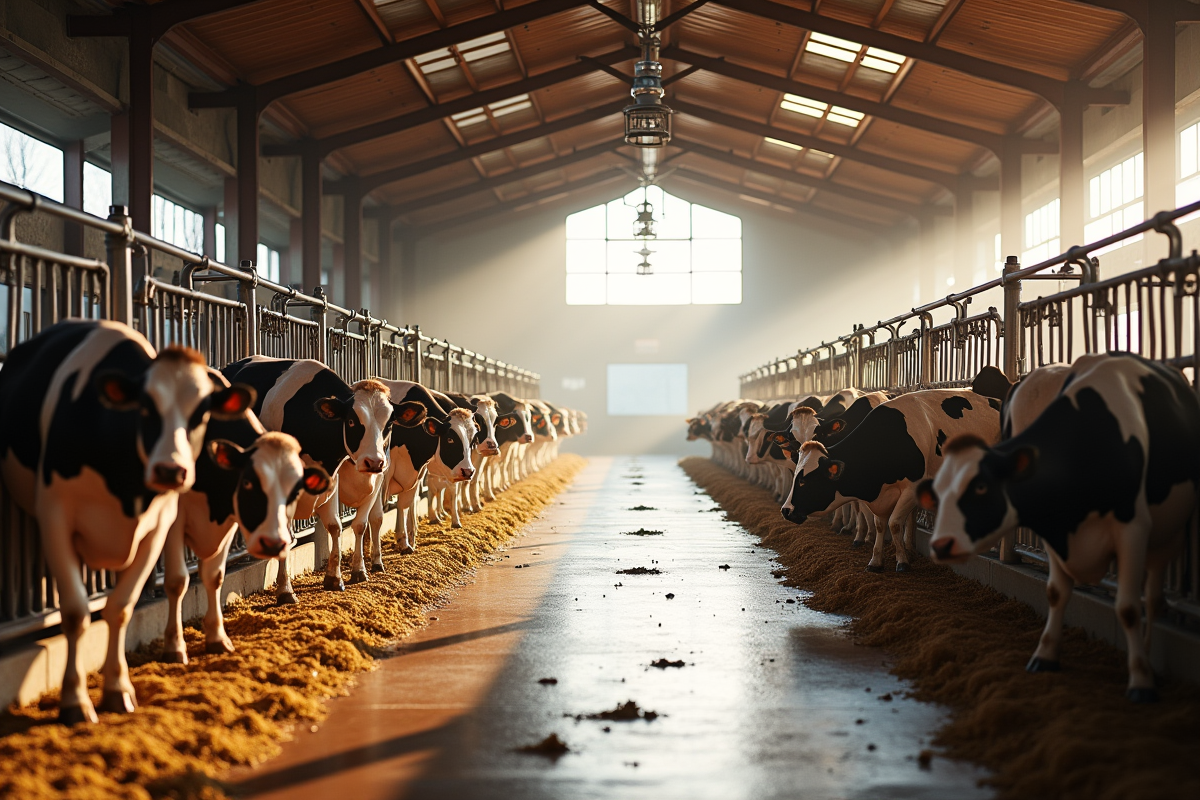Grange laitière propre avec vaches et systèmes automatiques