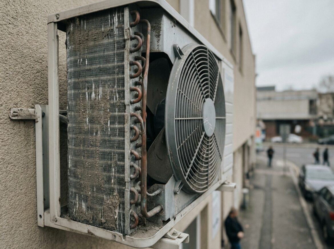 Gros plan sur les ailettes et serpentins d'un condenseur de climatisation en facade de batiment commercial
