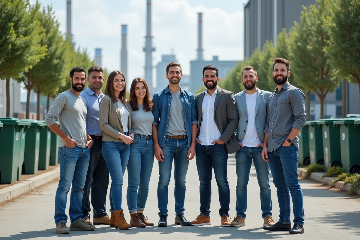 Groupe divers d employés près d une installation de recyclage