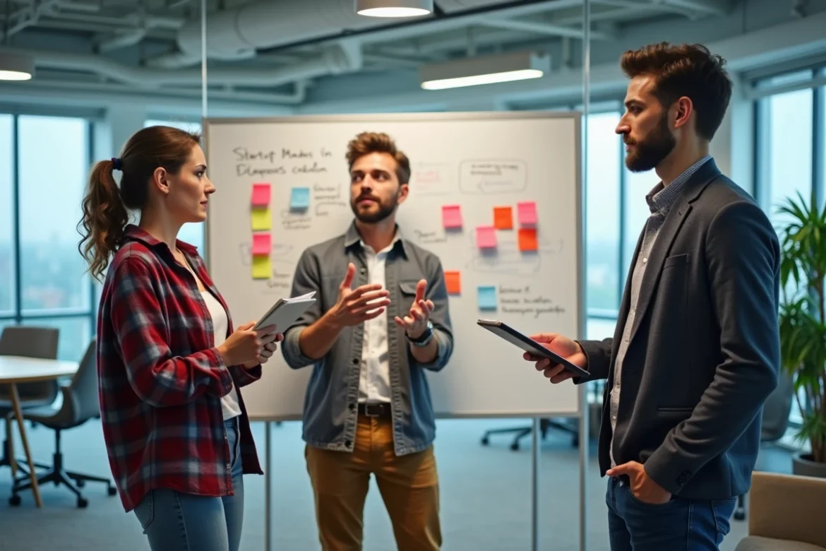 Groupe de jeunes entrepreneurs autour d'un tableau blanc dans un incubateur de startups, symbole du travail collaboratif et du tremplin entrepreneurial