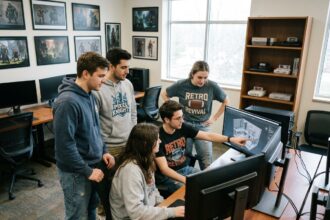 Groupe de jeunes adultes autour d'une station de jeu moderne