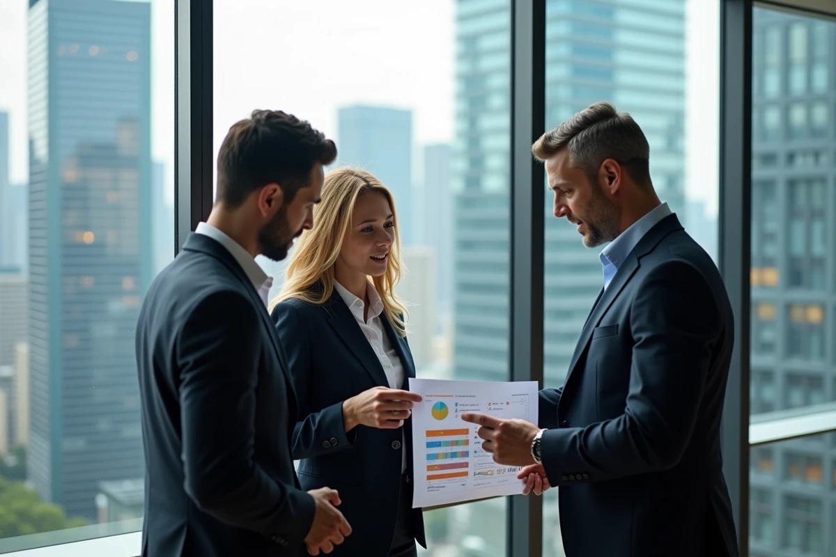 Trois professionnels discutant d un rapport analytique