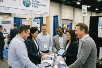 Groupe de professionnels lors d'une foire commerciale