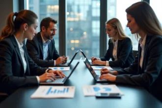 Groupe de professionnels en réunion analysant des graphiques marketing