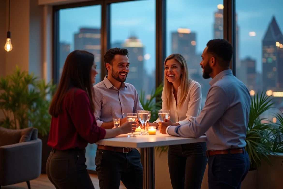 Groupe de professionnels en discussion animée autour d'une table lors d'un événement de networking B2B en soirée