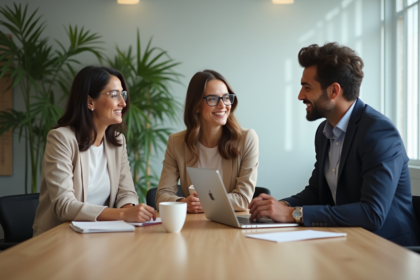 Groupe de professionnels discutant stratégie de marque dans un bureau moderne