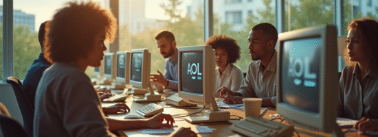 Groupe de professionnels autour d'ordinateurs vintage dans un bureau lumineux