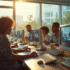 Groupe de professionnels autour d'ordinateurs vintage dans un bureau lumineux