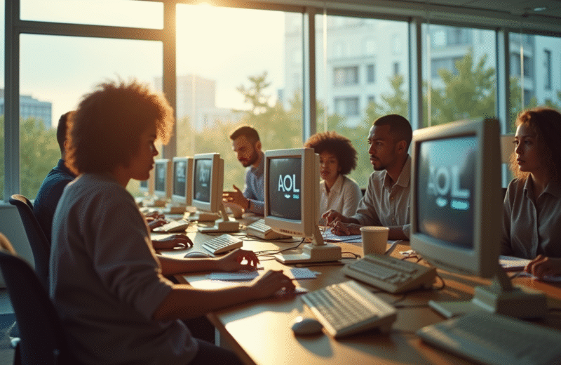 Groupe de professionnels autour d'ordinateurs vintage dans un bureau lumineux