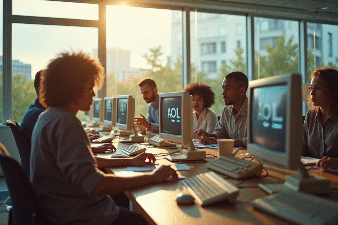 Groupe de professionnels autour d'ordinateurs vintage dans un bureau lumineux