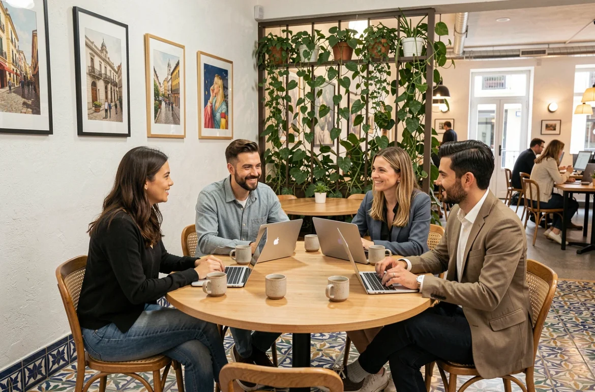 Groupe de professionnels en réunion informelle dans un espace de coworking style café à Barcelone avec carrelage traditionnel