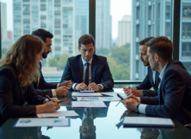 Groupe de professionnels en réunion dans une salle moderne