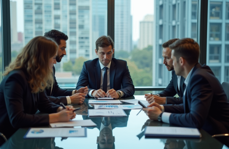 Groupe de professionnels en réunion dans une salle moderne
