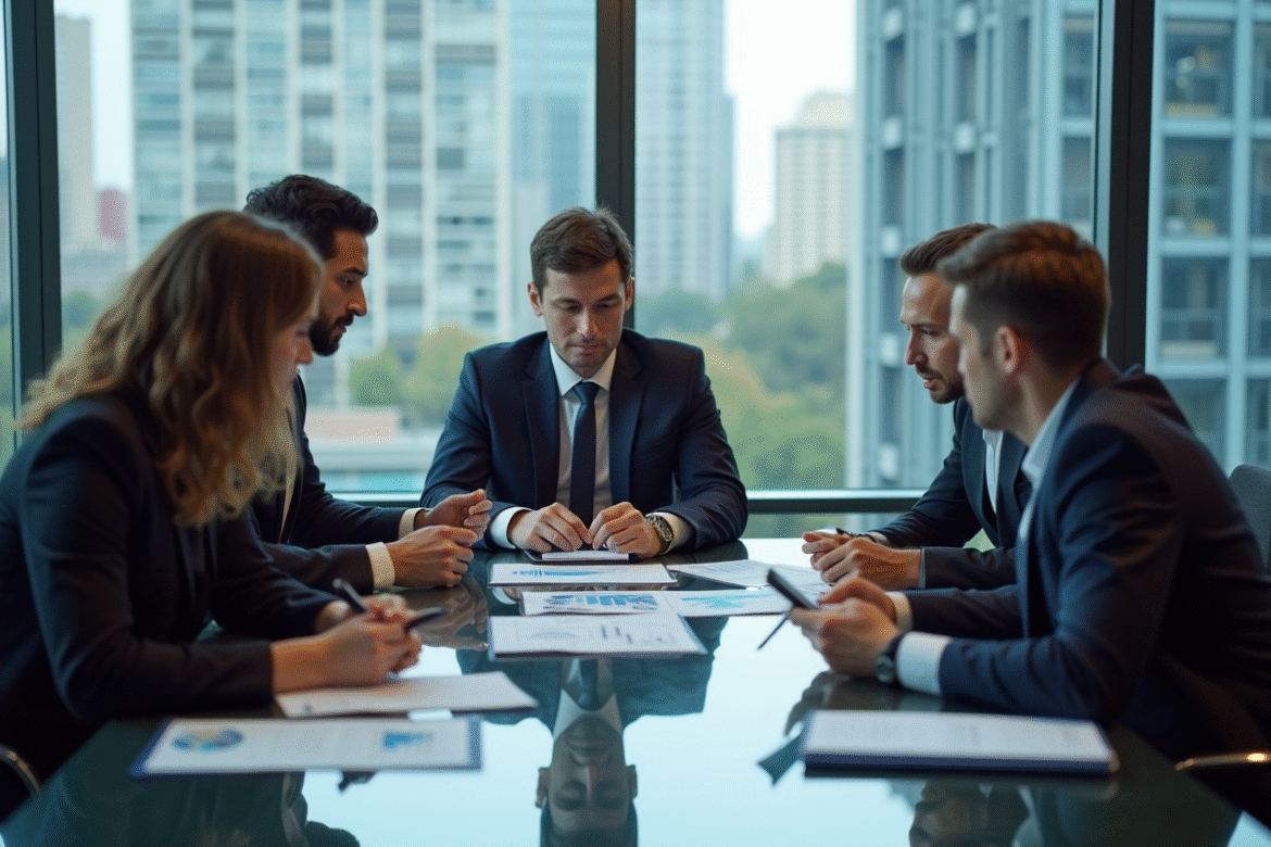 Groupe de professionnels en réunion dans une salle moderne