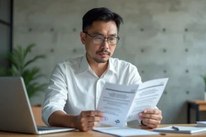Homme d'affaires asiatique examinant des certificats