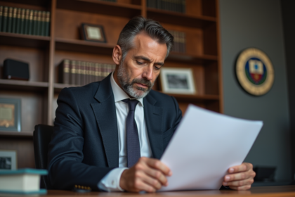 Homme d'affaires lisant un document officiel au bureau