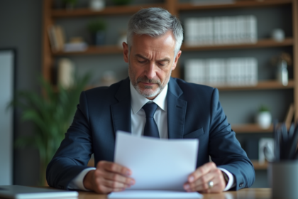 Homme d'affaires en bureau lisant un rapport