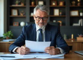 Homme d'affaires en costume bleu examinant des documents