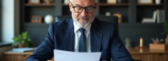 Homme d'affaires en costume bleu examinant des documents
