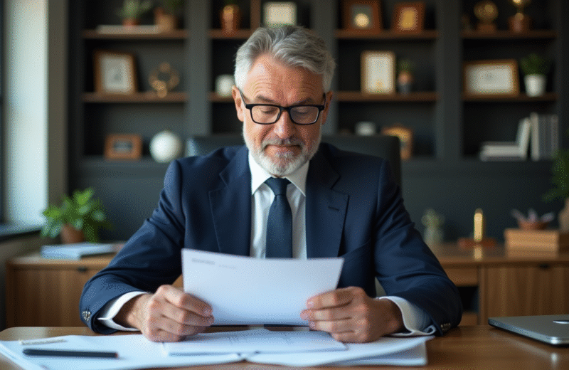 Homme d'affaires en costume bleu examinant des documents