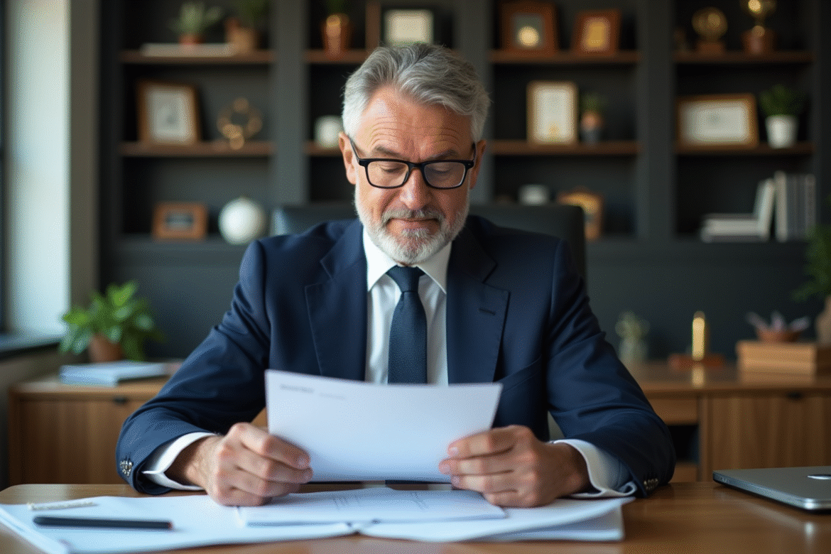 Homme d'affaires en costume bleu examinant des documents