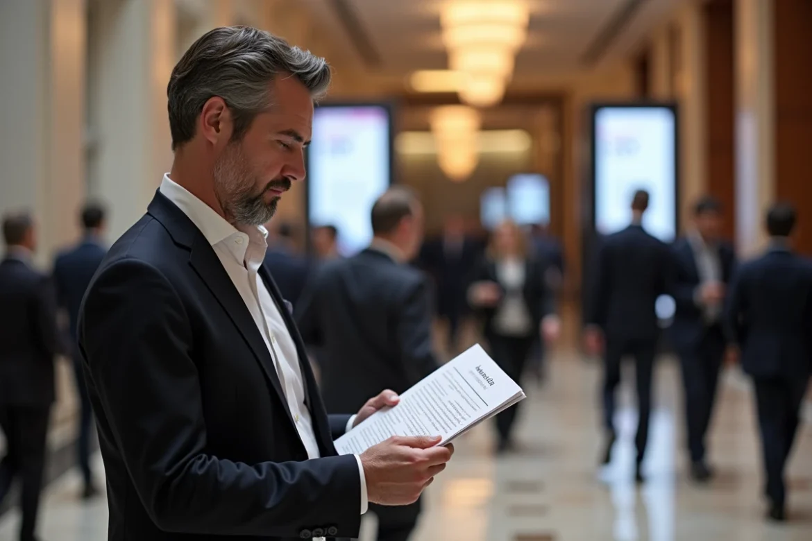 Homme d'affaires consultant le programme d'un événement de networking B2B dans un foyer de conférence professionnel