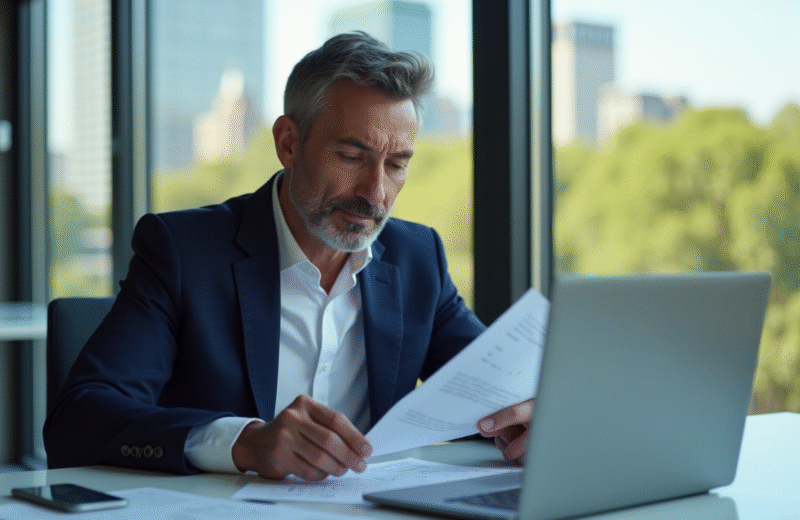 Homme d'affaires québécois au bureau avec vue sur la ville
