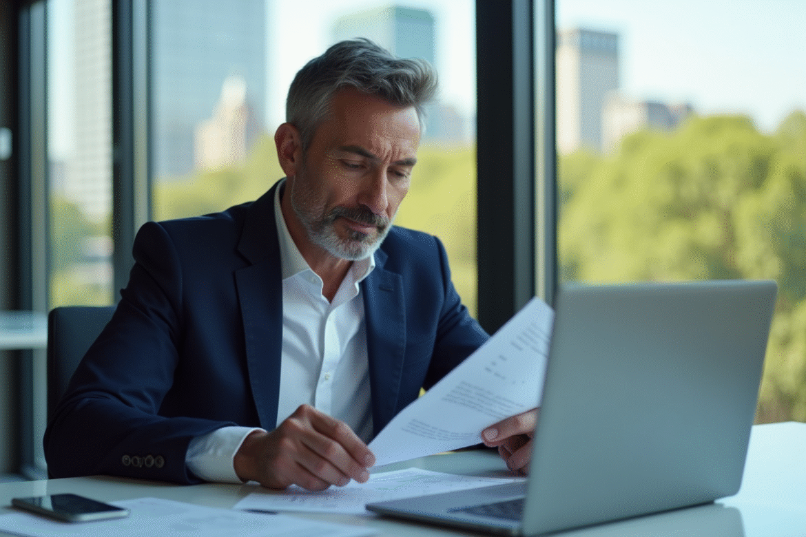 Homme d'affaires québécois au bureau avec vue sur la ville