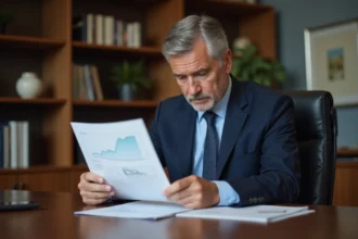 Homme d'affaires en costume regardant un rapport financier