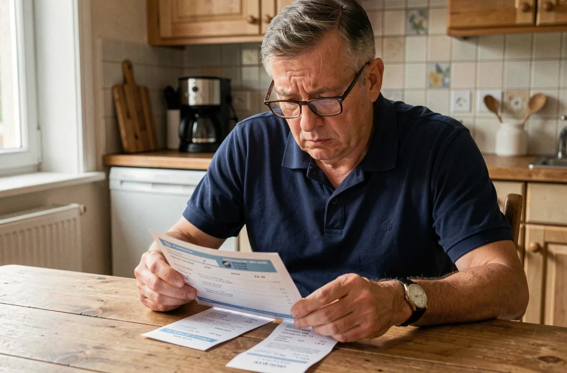 Homme examinant un bon d'achat GiFi et un reçu posés sur une table de cuisine