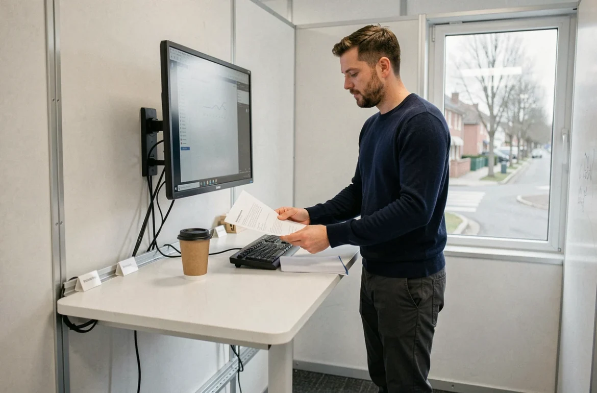Homme travaillant debout à un bureau ergonomique dans un espace de coworking calme à Alfortville