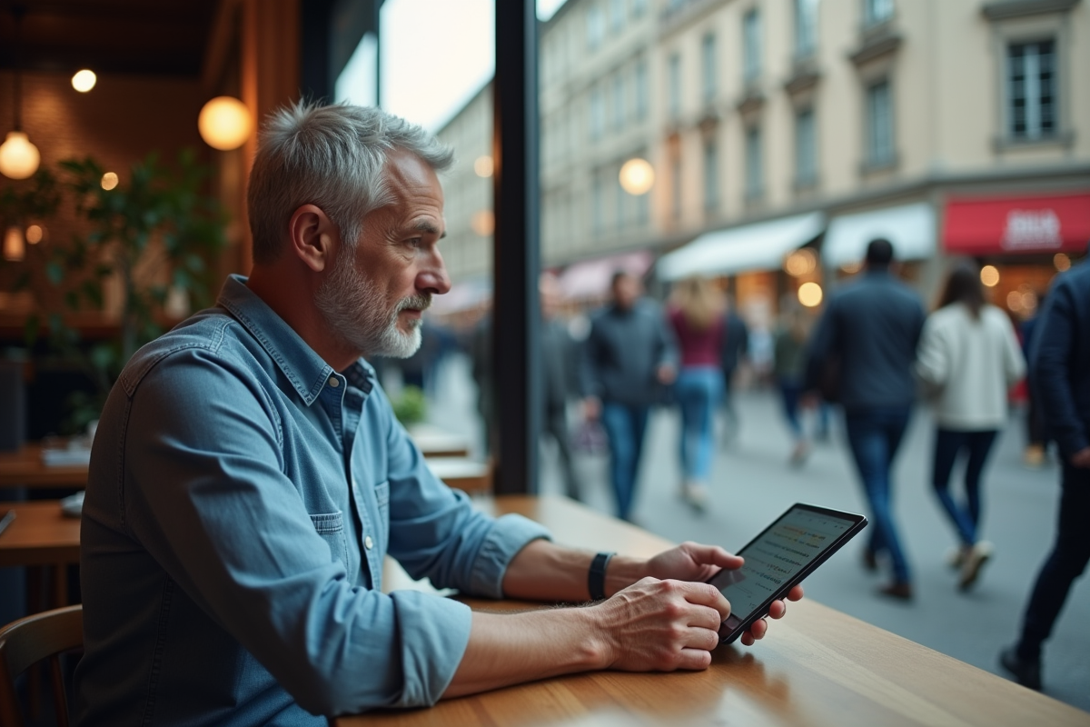 Homme détendu observant un groupe au café