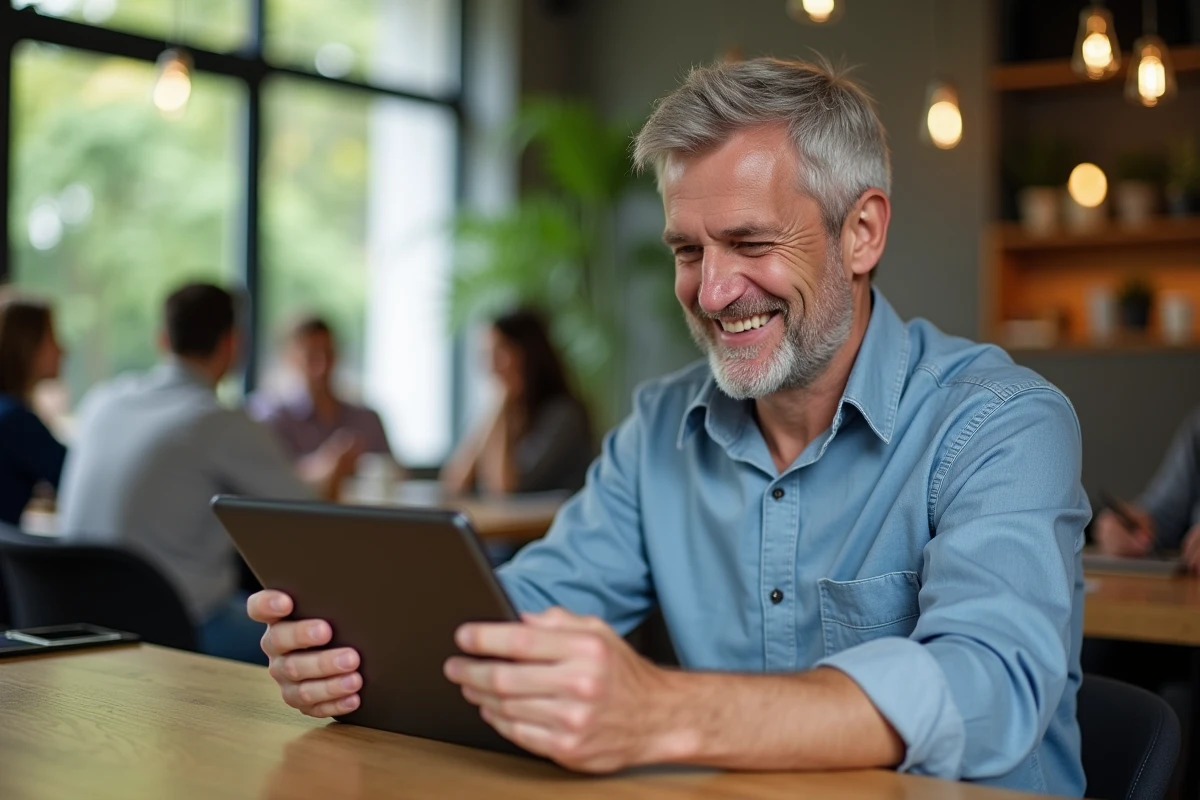 Homme souriant avec tablette dans un café coworking dynamique